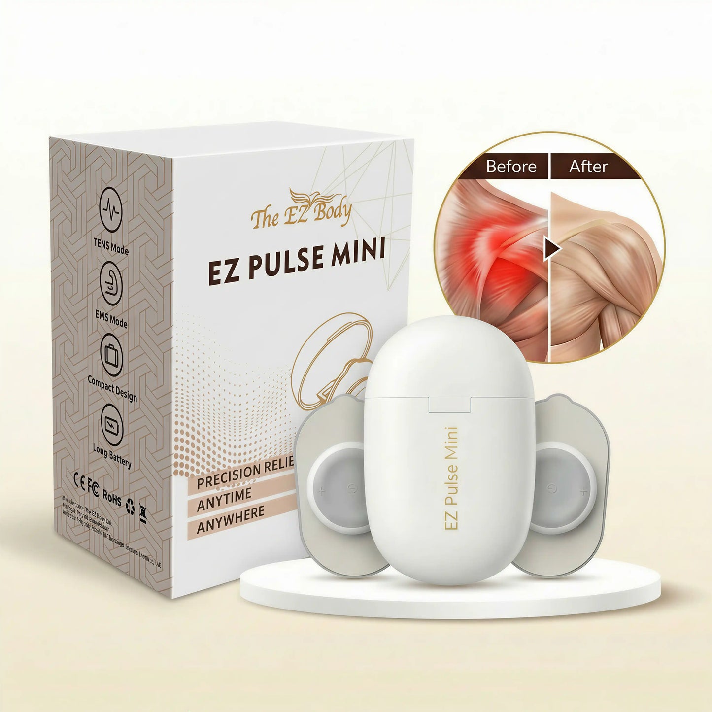 EZ Pulse Mini device with packaging and 'Before'/'After' pain illustration on a beige background
