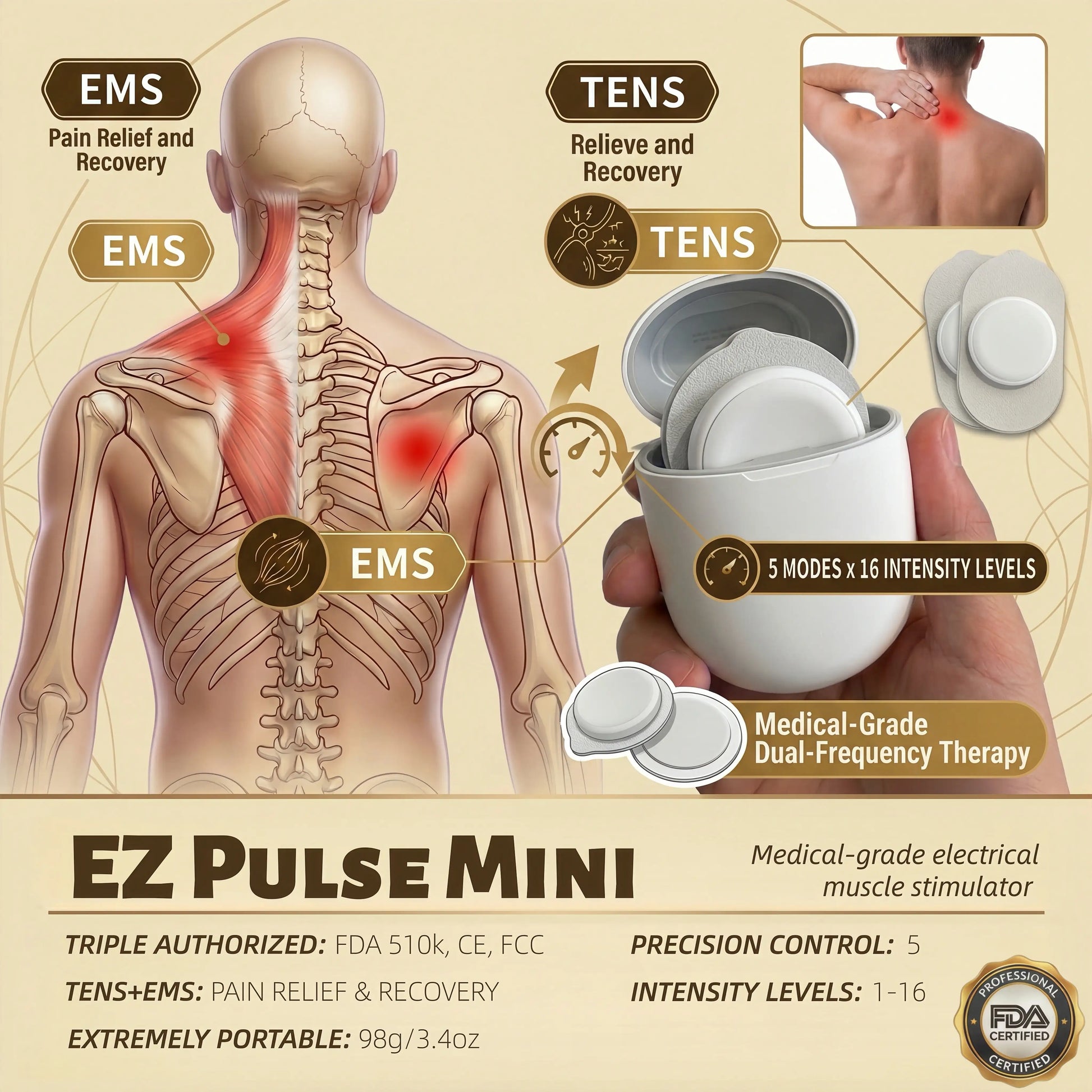 Medical-grade electrical muscle stimulator with TENS and EMS functions on a beige background