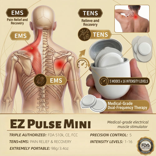 Medical-grade electrical muscle stimulator with TENS and EMS functions on a beige background